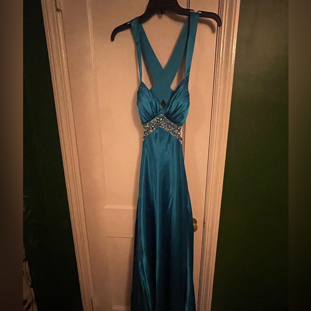 Floor length backless aqua dress